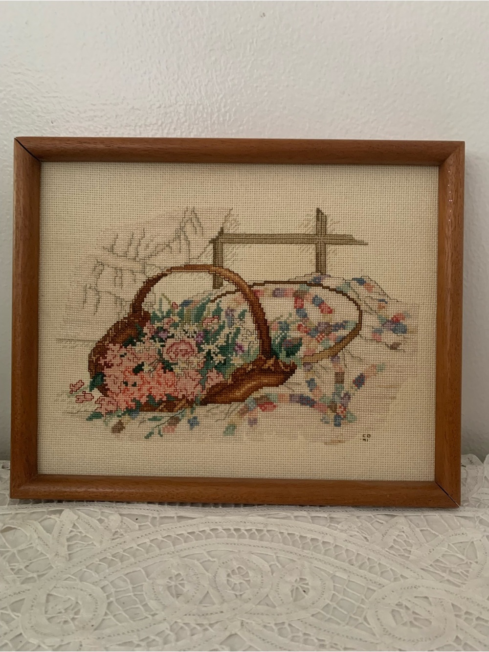Vintage 80s Framed Floral Basket Cross Stitch Wall Art Cottagecore Grannycore